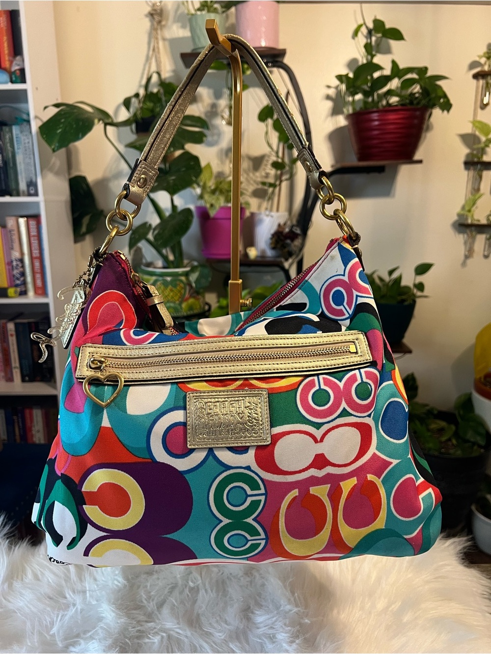 Colorful Graphic Print Shoulder Bag with Gold Hardware